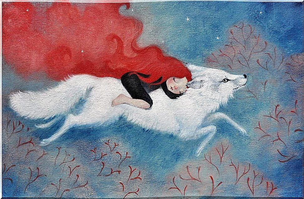 woman on a wolf