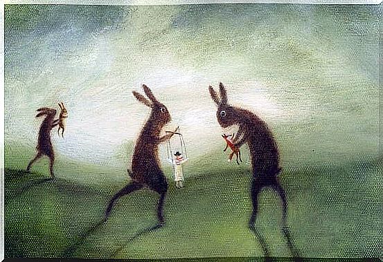 rabbits manipulating puppets